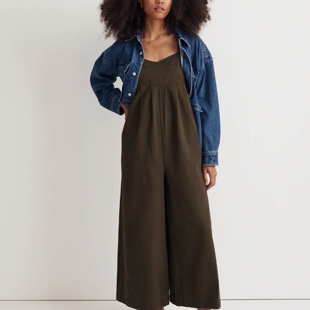 Madewell Dark Olive Sleeveless Pleated Wide Leg Jumpsuit